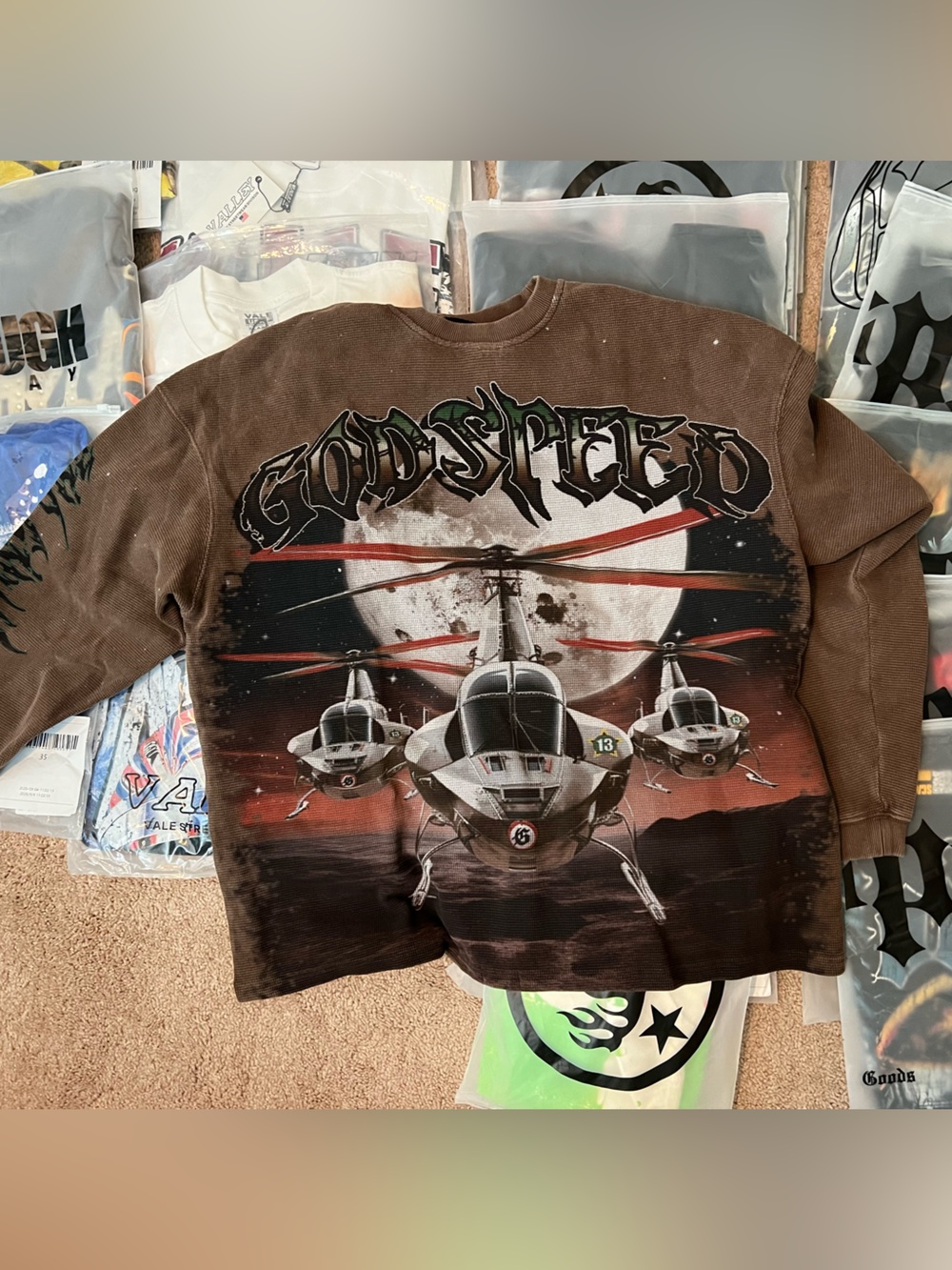 Rare XL Godspeed thermal Brown Graphic Helicopter crewneck